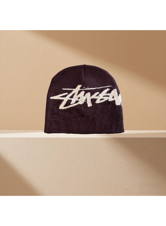 Stüssy Classic Graffiti Logo Beanie Coffee Warm Knitted Hat for Streetwear Enthusiasts